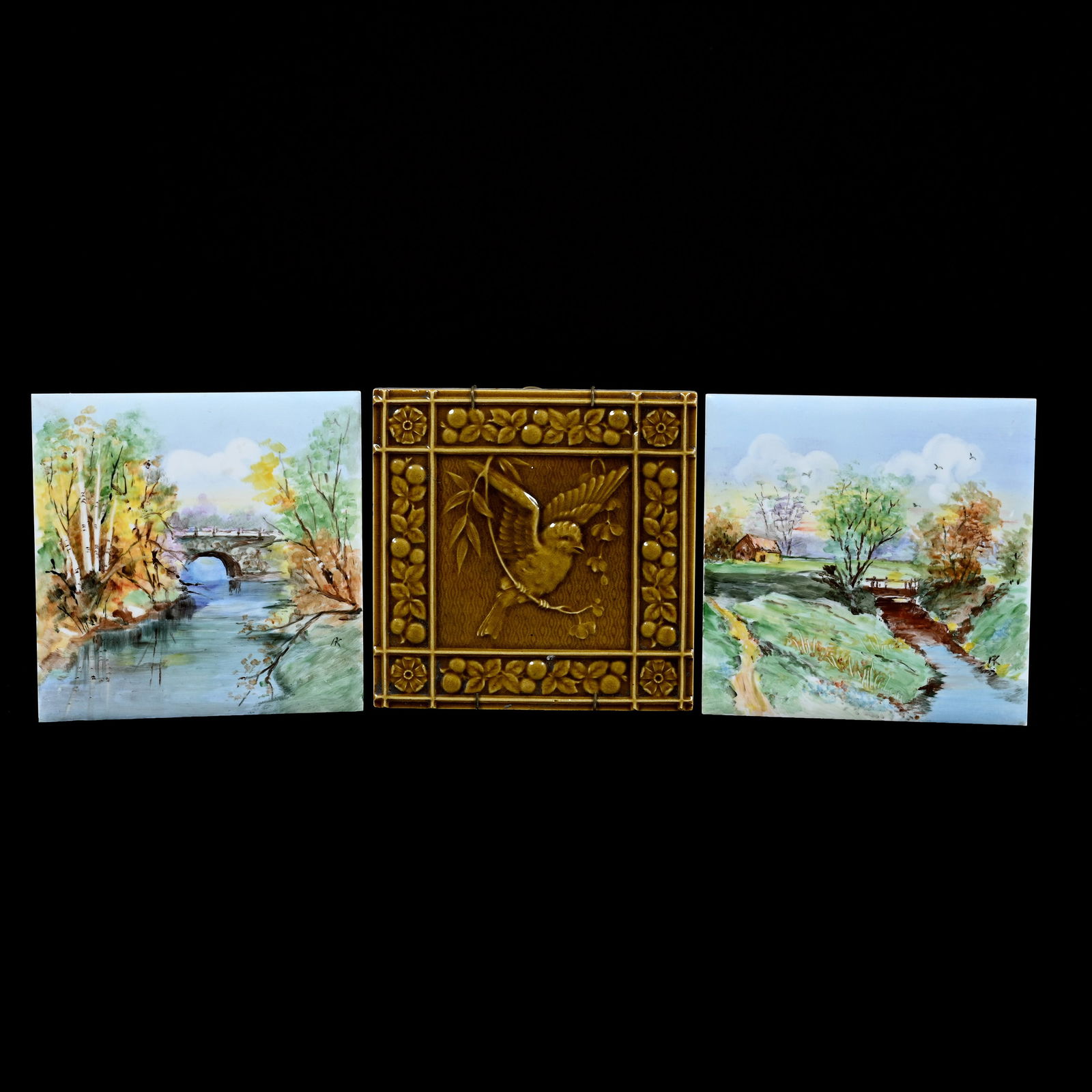 Three Tiles, (2) Hand Painted Scenic Decors Marked Wheeling, (1) Majolica Style Embossed Bird Design (1 of 2)