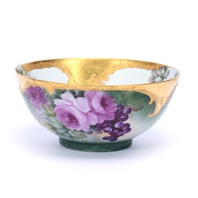 Bowl, Limoges Style, Hand Painted Rose And Vintage Decor, Heavy Gold Trim