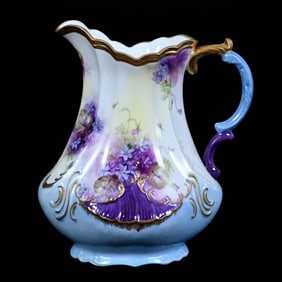 Pitcher, Unmarked, Blue, Lavender, And White Tones With Violet Decor