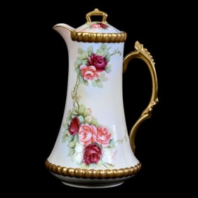 Chocolate Pot, Marked T&V Limoge, Cream And Blue Tones With Rose Decor, Heavy Gold Trim
