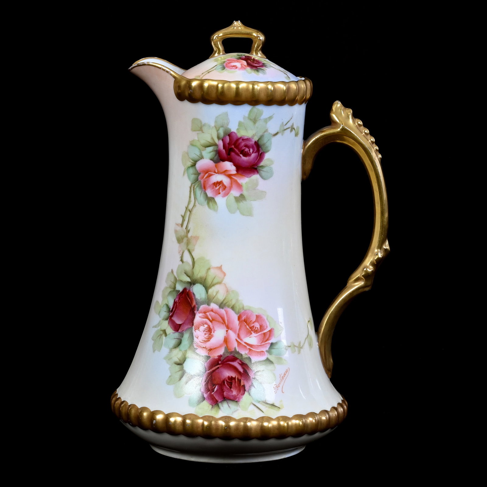 Chocolate Pot, Marked T&V Limoge, Cream And Blue Tones With Rose Decor, Heavy Gold Trim: Chocolate Pot, Marked T&V Limoge, Cream And Blue Tones With Rose Decor, Heavy Gold Trim, 10" x 6", Illinois Private Collection.
