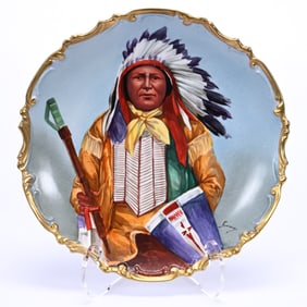 Charger, Unmarked Limoges, Hand Painted Native American Indian Chief Portrait Titled "Eagle Track"