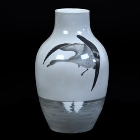 Vase, Signed Heubach, Grey Tones With Scene Of Goose Coming In For Landing, Artist Signed
