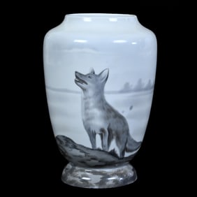 Vase, Marked Heubach, Grey Tones With Fox Scenic Decor, Artist Signed