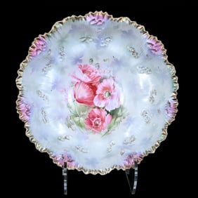 Bowl, Marked R.S. Prussia, Blue, Green, White, And Lavender Satin Finish With Pink Poppy Decor