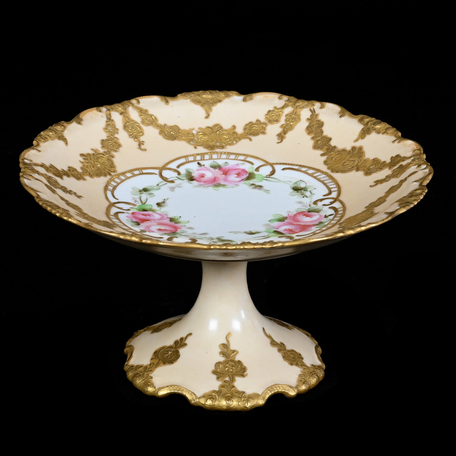 Compote Marked JP Limoges, Cream And White Tones With Pink Rose Decor And Heavy Gold Enamel: Compote Marked JP Limoges, Cream And White Tones With Pink Rose Decor And Heavy Gold Enamel Highlights, 4.75" x 8.75", Illinois Private Collection.