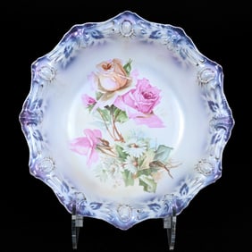 Bowl, Marked R.S. Prussia, Ribbon And Jewel Mold, White And Blue Satin Finish With Rose And Daisy