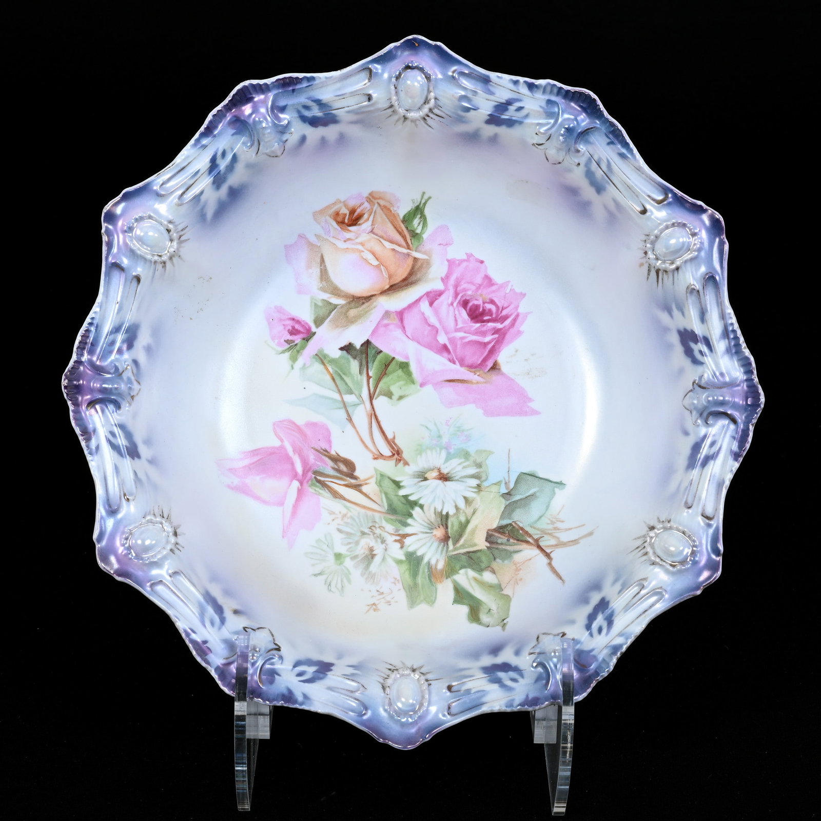 Bowl, Marked R.S. Prussia, Ribbon And Jewel Mold, White And Blue Satin Finish With Rose And Daisy: Bowl, Marked R.S. Prussia, Ribbon And Jewel Mold, White And Blue Satin Finish With Rose And Daisy Decor, 10.5", Illinois Private Collection.