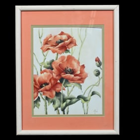 Tile, Hand Painted Poppy Decor, Artist Signed Jean Helm, Mounted In 15" x 12" Frame