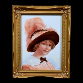 Tile, Hand Painted Portrait Of Young Woman In Plumed Hat, Artist Signed Jean Helm
