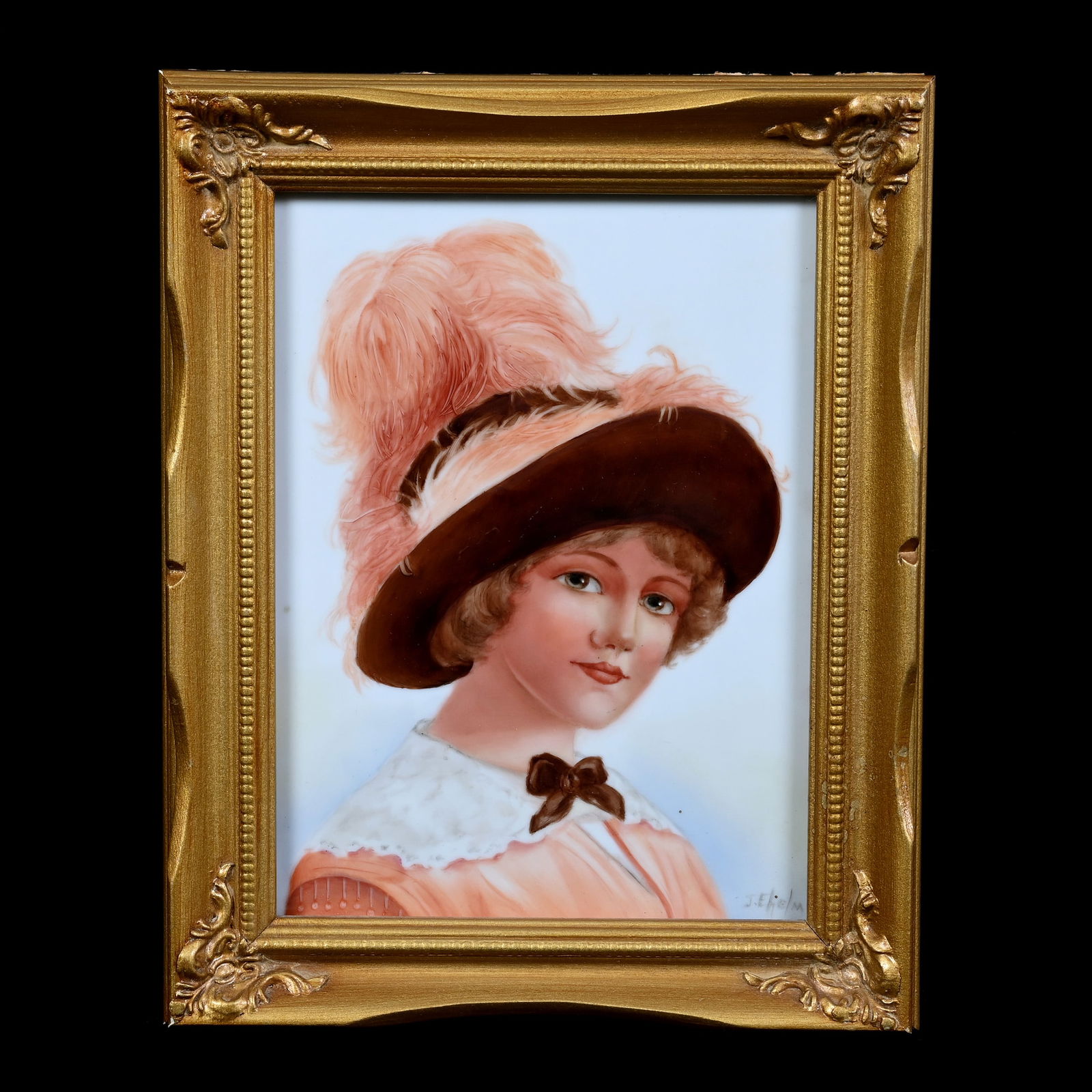 Tile, Hand Painted Portrait Of Young Woman In Plumed Hat, Artist Signed Jean Helm (1 of 2)