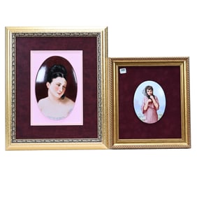 (2) Modern Oval Hand Painted Porcelain Plaques, Portraits Of 2 Women, Artist Signed Willene Hatfield