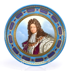 Massive Round Charger, Unmarked Sevres Porcelain, Hand Painted Portrait Of King Louis XIV