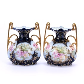 Pair Vases, Two Handles, Marked Crown Versa, White and Cobalt Blue