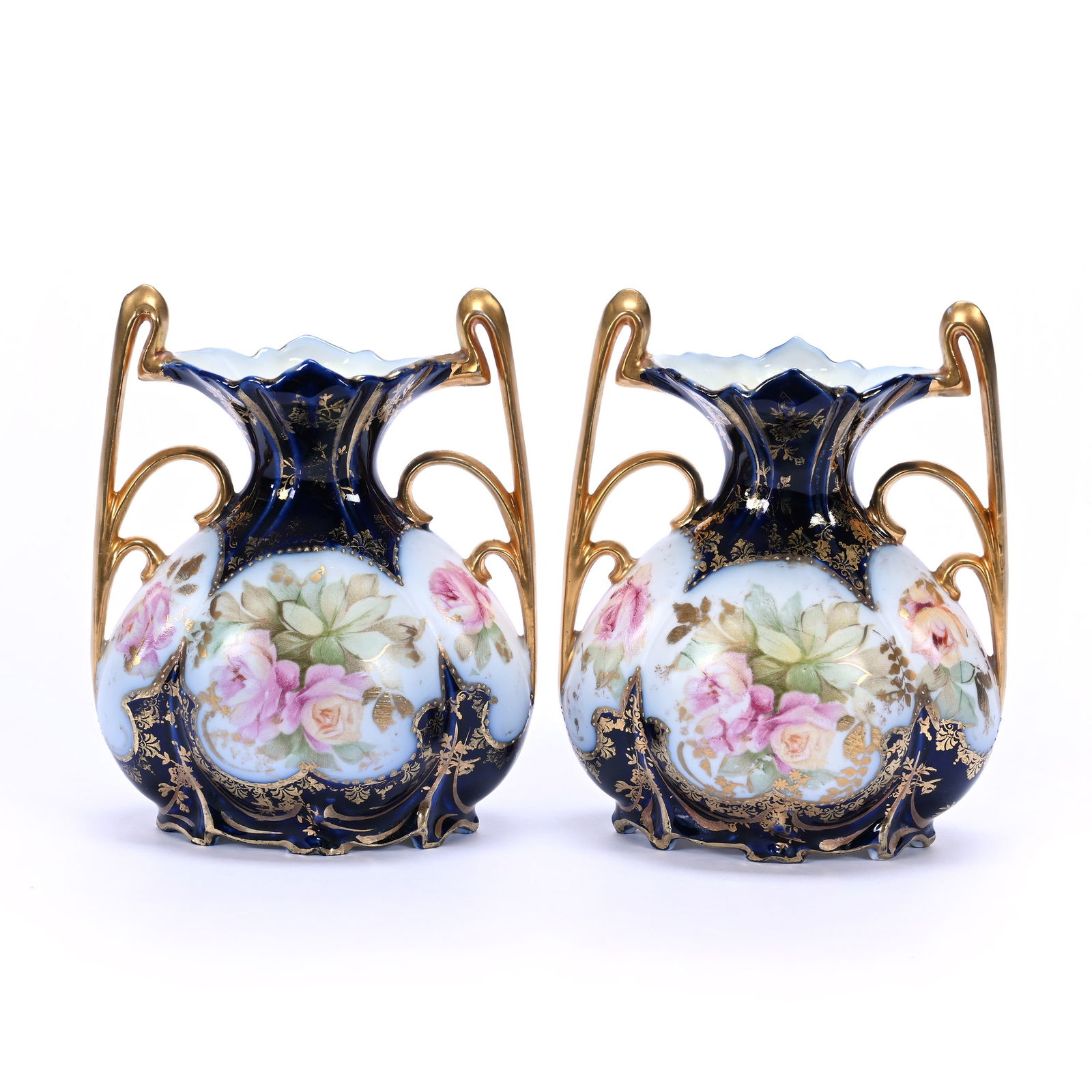Pair Vases, Two Handles, Marked Crown Versa, White and Cobalt Blue