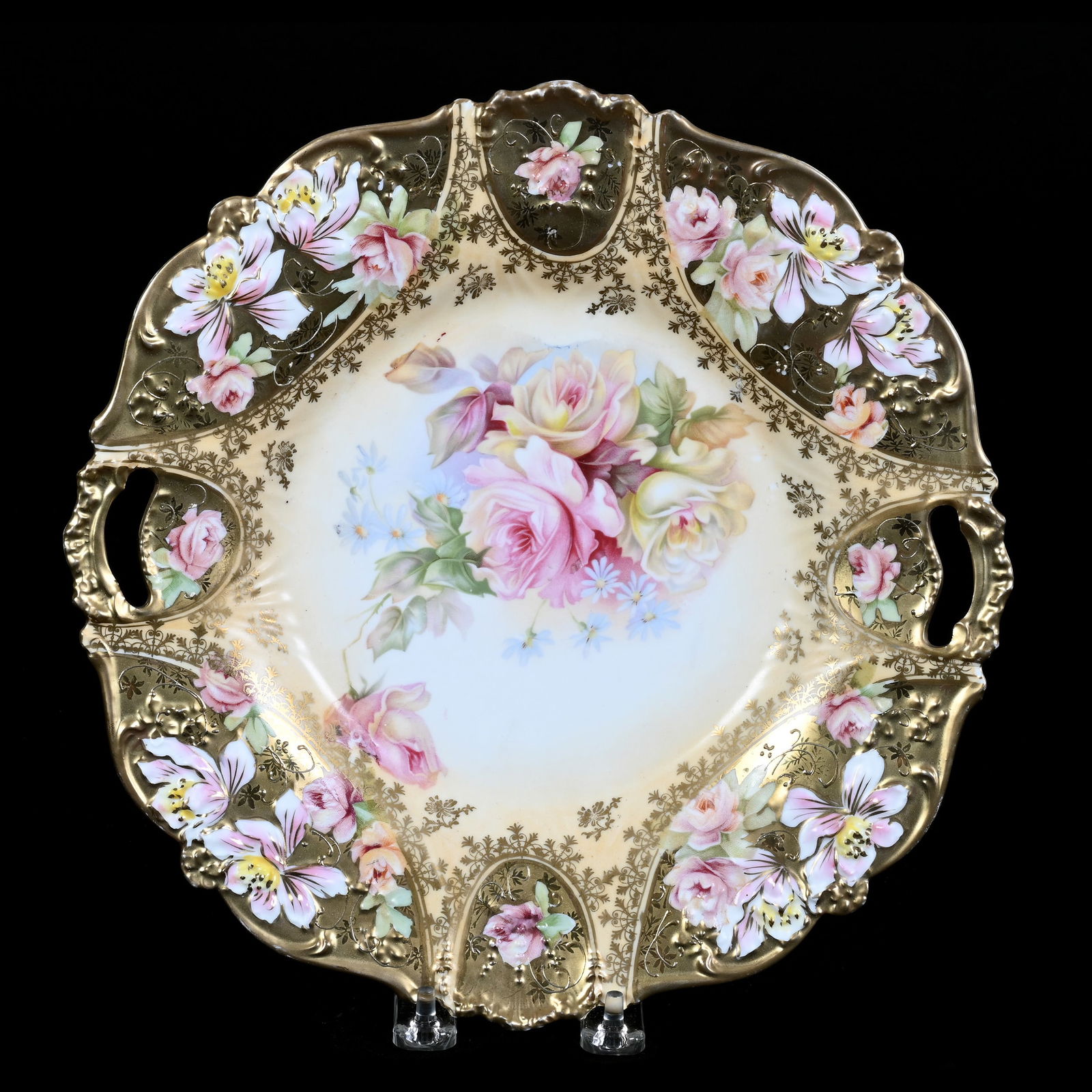 Cake Plate, Unmarked R.S. Prussia, Cream Center, Pink and Yellow Rose Decor (1 of 2)