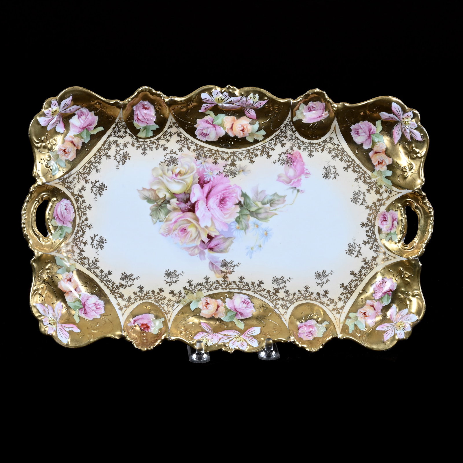 Dresser Tray, Unmarked R.S. Prussia, Cream Center, Pink and Yellow Rose Decor: Dresser Tray, Unmarked R.S. Prussia, Cream Center, Pink and Yellow Rose Decor, 11.75" x 7.75", Heavy Gold Border, Neal and Barbara Smith Private Collection, Alabama.