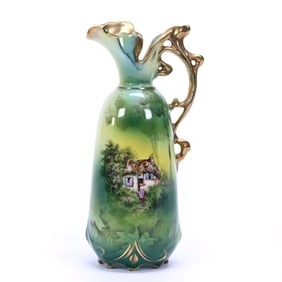 Ewer Marked Royal Vienna, Green and Yellow Tones, Cottage Scenic Decor