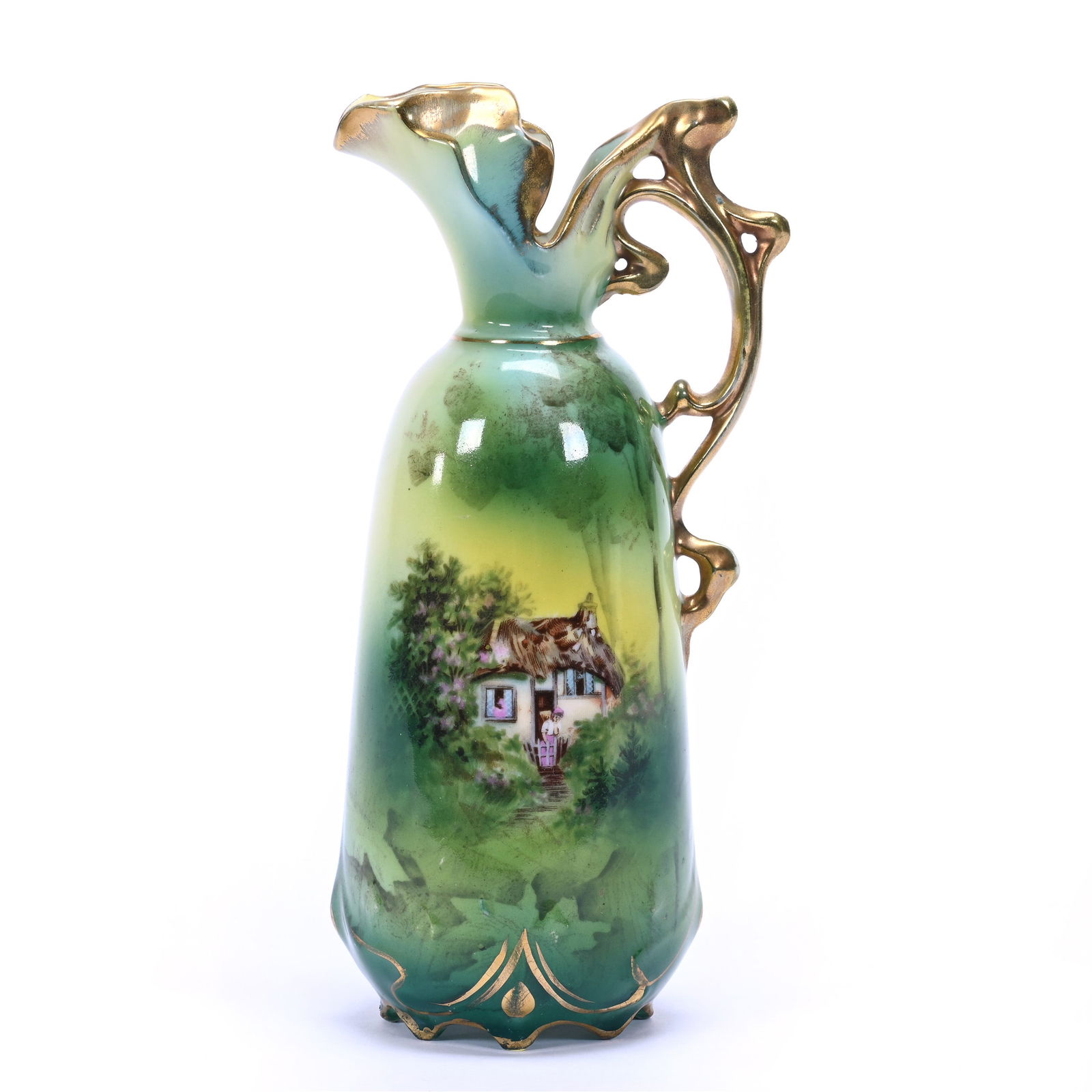 Ewer Marked Royal Vienna, Green and Yellow Tones, Cottage Scenic Decor (1 of 3)