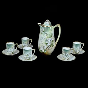 Chocolate Set Marked R.S. Germany, Green and Yellow Tones, Blossom and Branch Decor