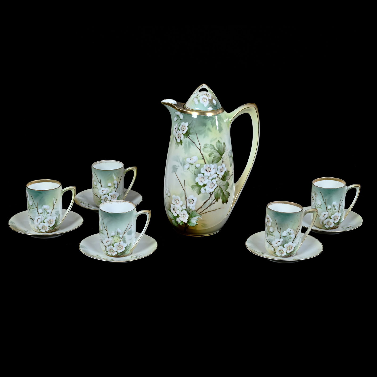 Chocolate Set Marked R.S. Germany, Green and Yellow Tones, Blossom and Branch Decor (1 of 4)