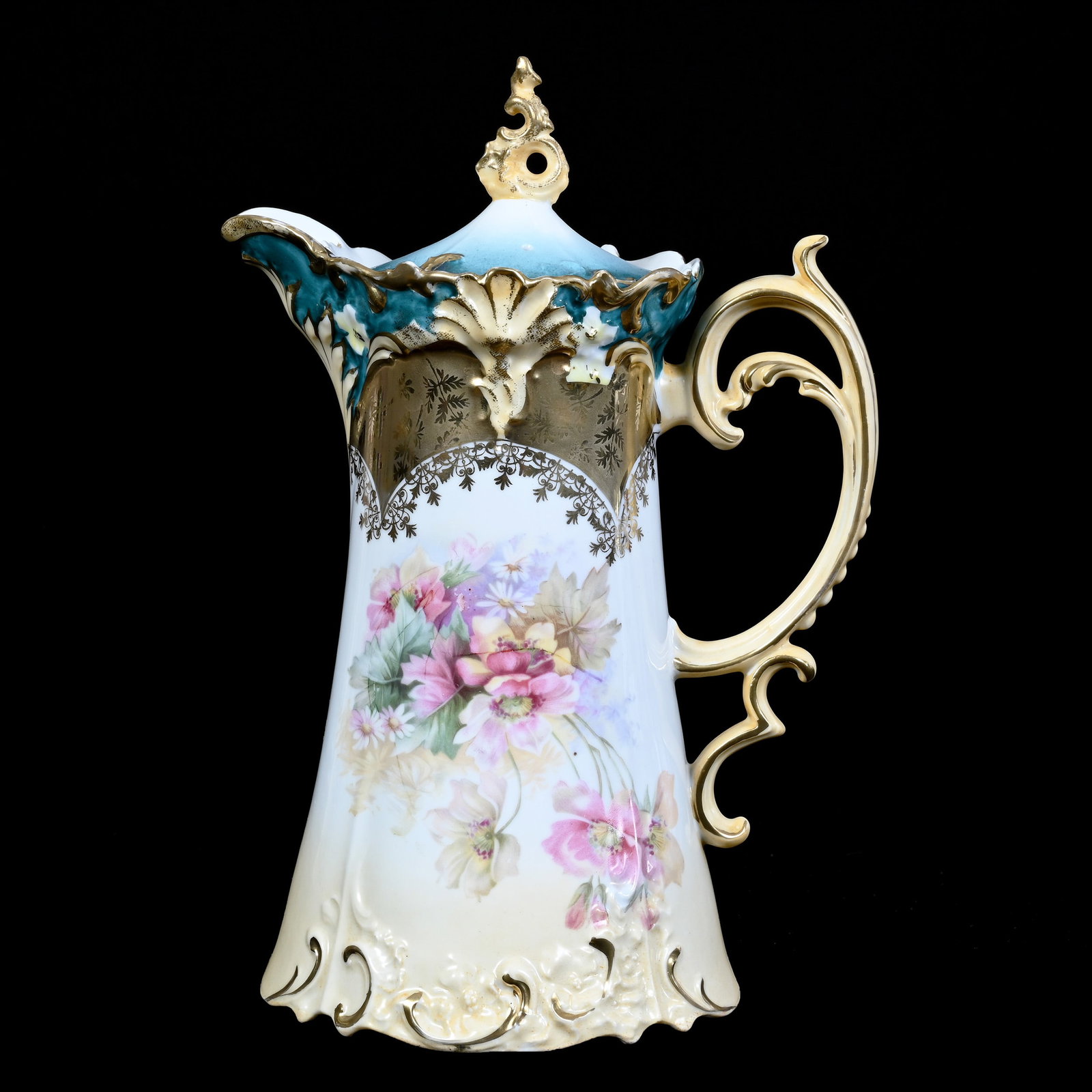 Chocolate Pot, Unmarked R.S. Prussia, Blue, Cream and White Tones, Wild Floral Decor: Chocolate Pot, Unmarked R.S. Prussia, Blue, Cream and White Tones, Wild Floral Decor, 10" x 7", Heavy Gold Trim, Nice Example, Neal and Barbara Smith Private Collection, Alabama.