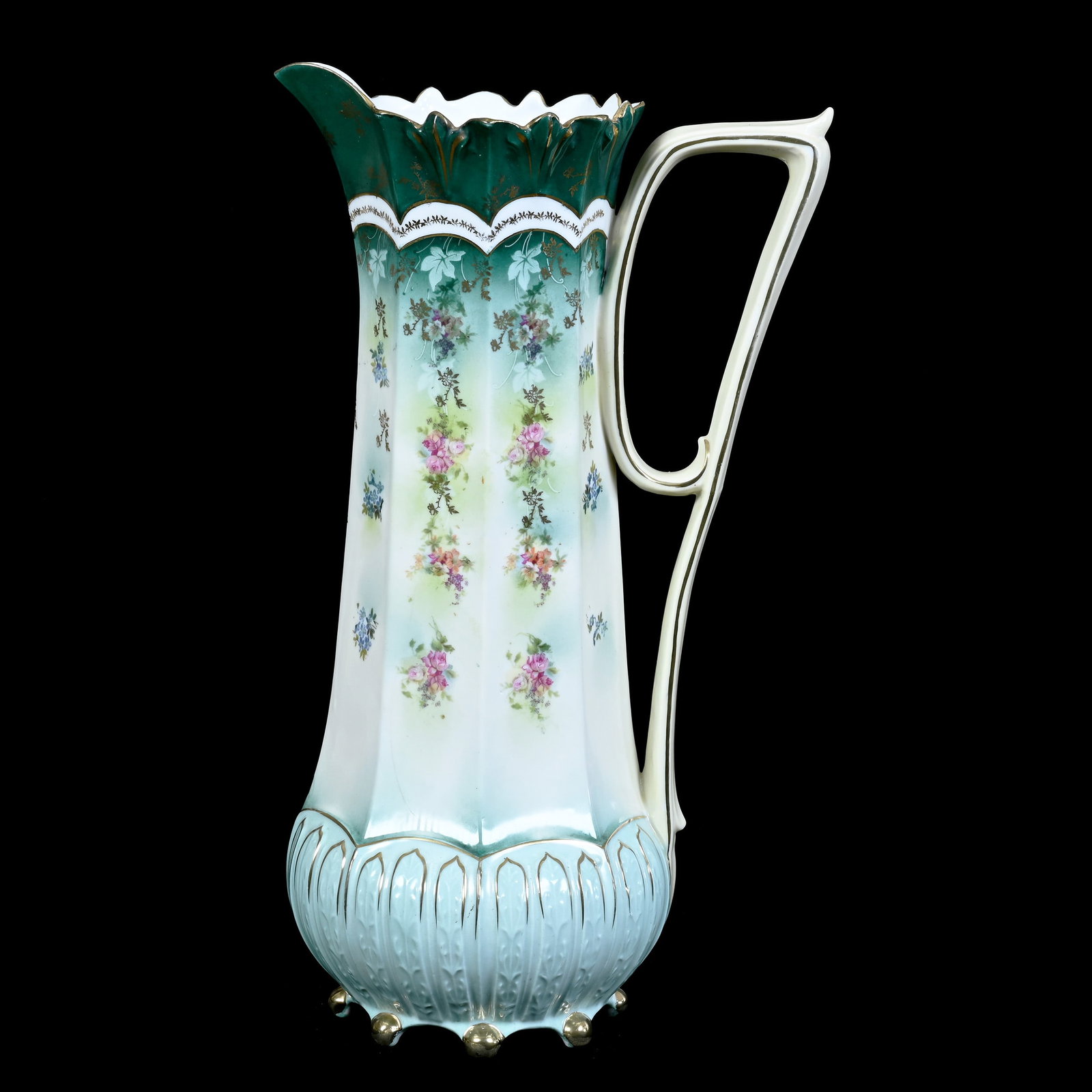 Tankard Marked R.S. Prussia, Green and Cream Tones, Floral Decor: Tankard Marked R.S. Prussia, Green and Cream Tones, Floral Decor, 14.25" x 8", Hard To See Crack On Side, Neal and Barbara Smith Private Collection, Alabama.