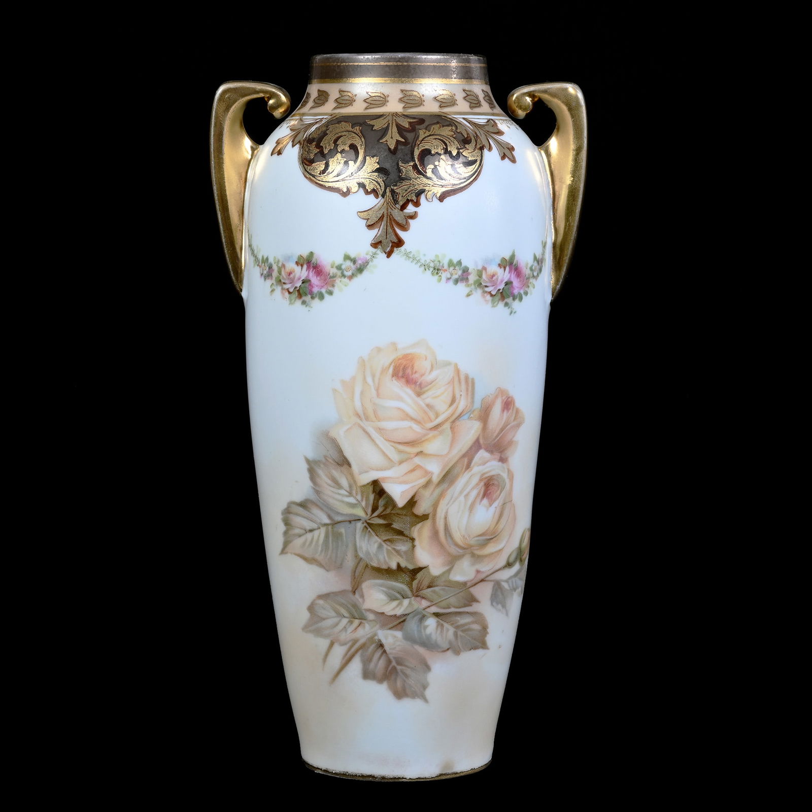 Vase, Two Handles, Unmarked R.S. Prussia, White Satin With Peach Rose Decor (1 of 3)