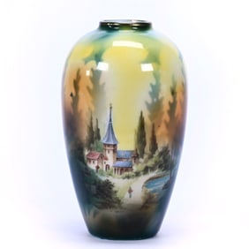 Vase Marked R.S. Prussia, Castle Scenic Decor, Green and Yellow Tones