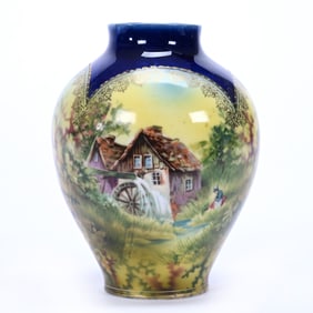 Vase Marked R.S. Prussia, Double Scene With Cottage and Mill Decor