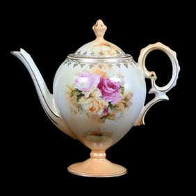 Pedestal Tea Pot, Unmarked R.S. Prussia, Peach and White Satin Finish