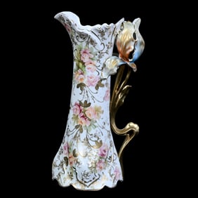 Ewer, Tulip Handle, Marked Royal Vienna, White Satin Finish, Pink Rose Decor