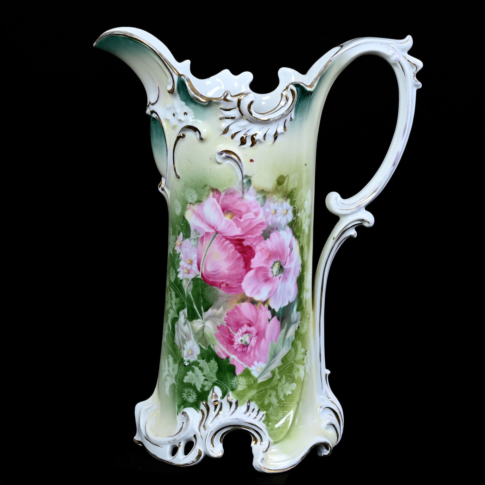Tankard, Unmarked R.S. Prussia, Green and Yellow Tones, Pink Poppy Decor (1 of 3)