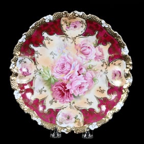 Plate Marked R.S. Prussia, Stipple Mold, Cream Tones, Red Border, Pink Rose Decor