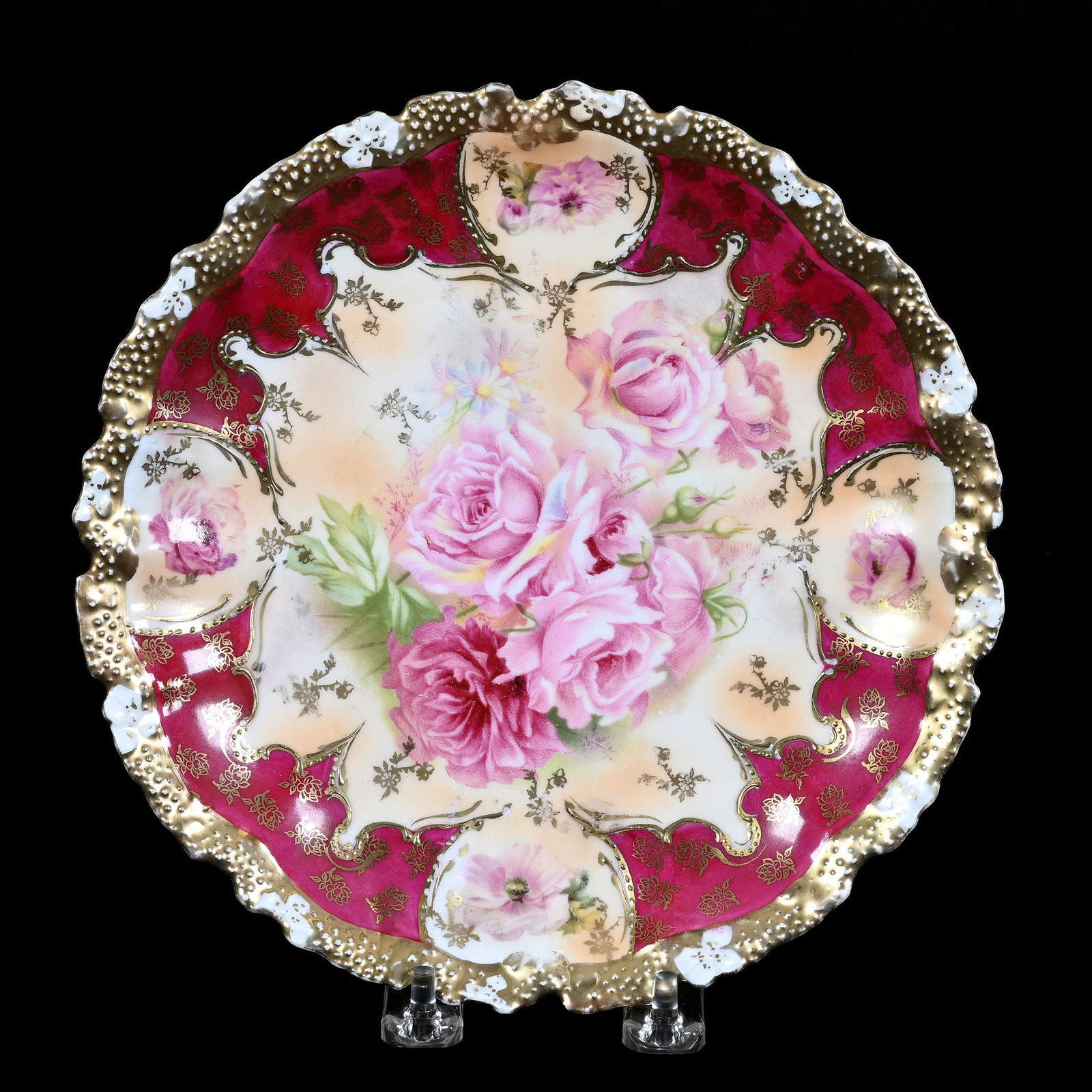 Plate Marked R.S. Prussia, Stipple Mold, Cream Tones, Red Border, Pink Rose Decor (1 of 2)