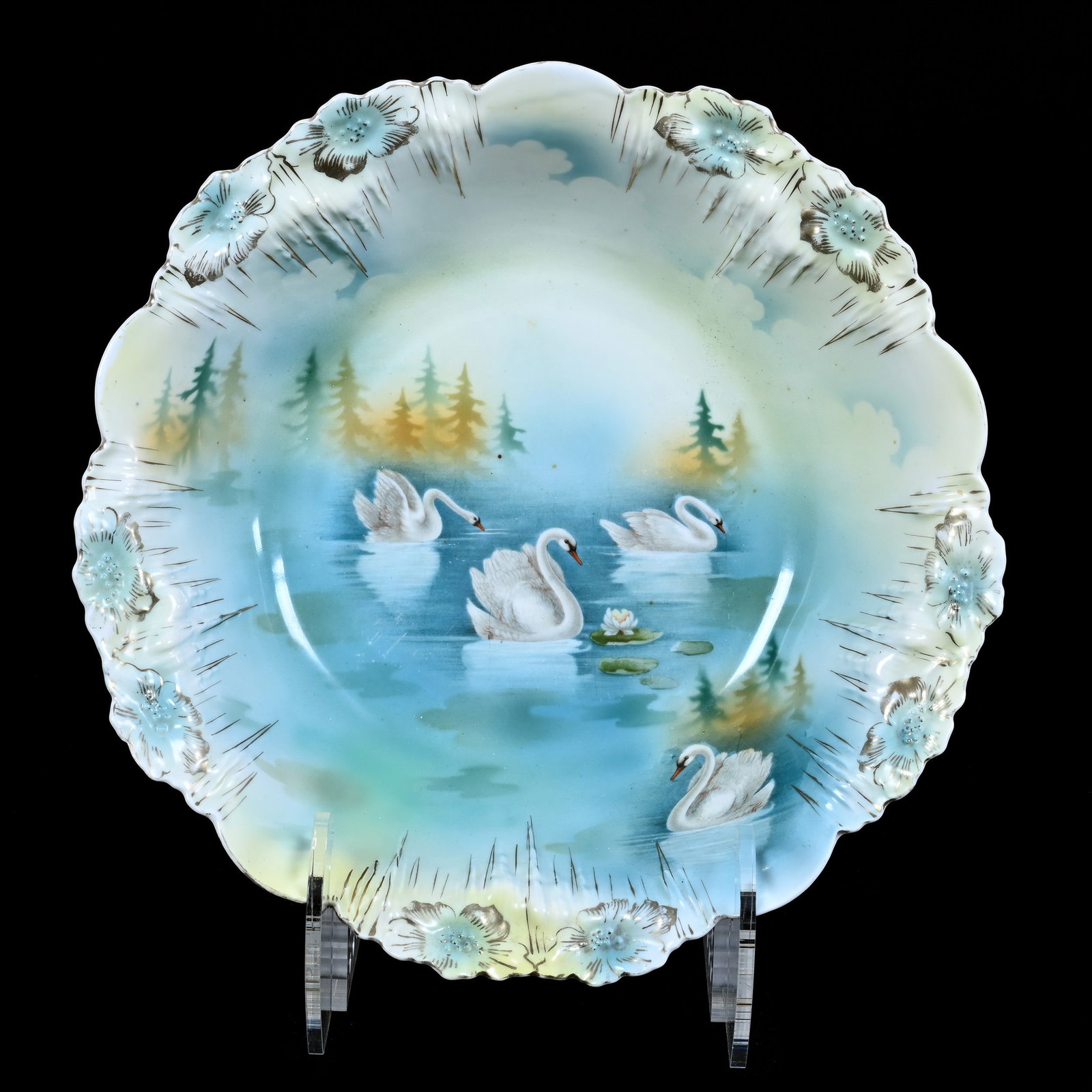 Bowl Marked R.S. Prussia, Icicle Mold, Swan Scenic Decor: Bowl Marked R.S. Prussia, Icicle Mold, Swan Scenic Decor, 10.5", Blue and Yellow Tones, Neal and Barbara Smith Private Collection, Alabama.