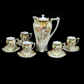 Chocolate Set Marked R.S. Prussia, Brown and Cream Tones, White Poppy Decor