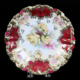 Plate, Unmarked R.S. Prussia, Rosebud Mold, Cream Tones, Red Border