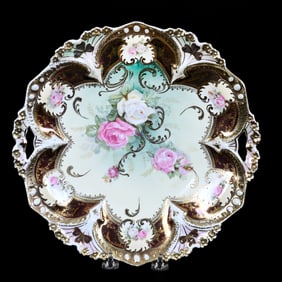 Cake Plate Marked R.S. Prussia, Green and Cream Tones, Iridescent Tiffany Border