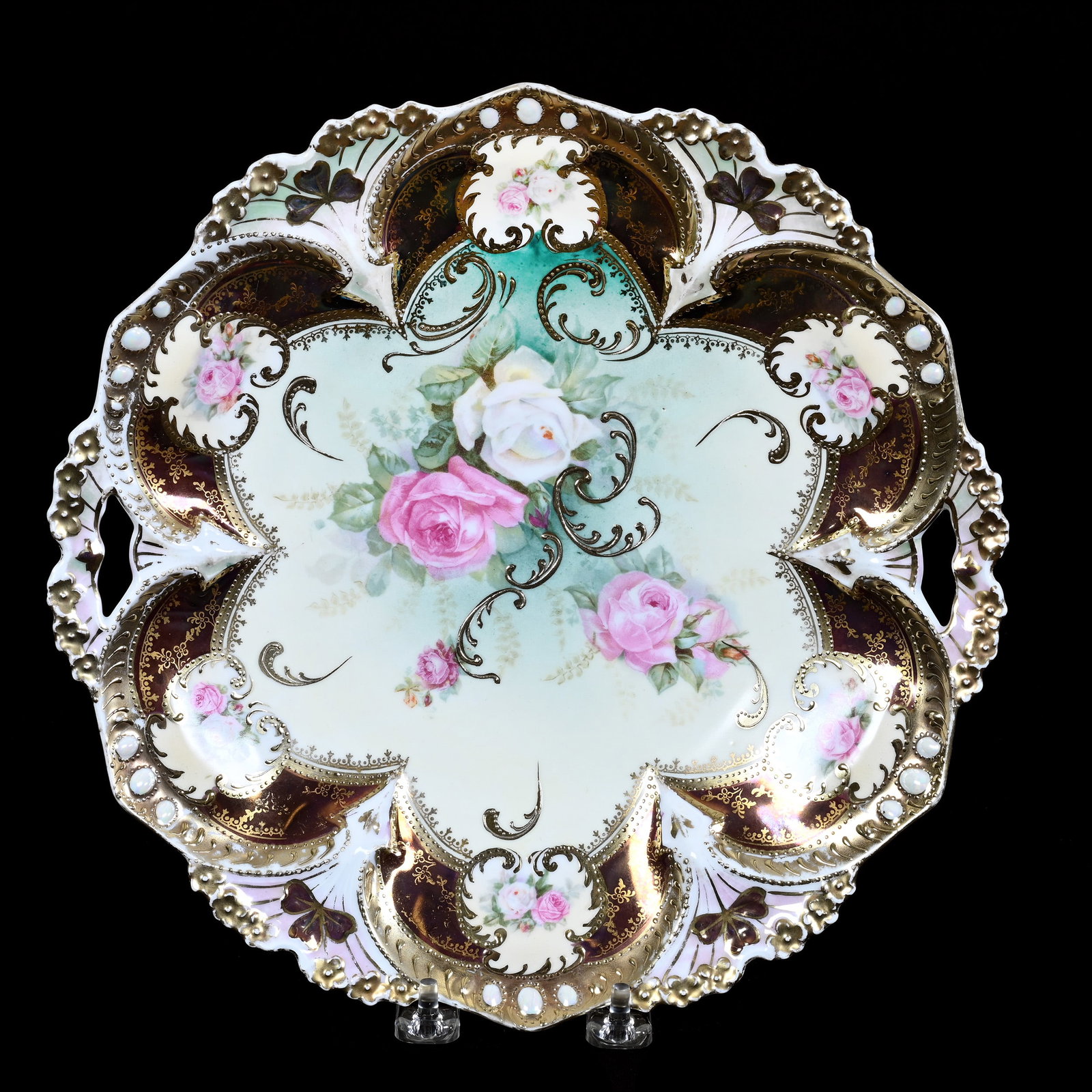 Cake Plate Marked R.S. Prussia, Green and Cream Tones, Iridescent Tiffany Border: Cake Plate Marked R.S. Prussia, Green and Cream Tones, Iridescent Tiffany Border, 11", Elaborate Gold With Opal Jewel Highlights, Neal and Barbara Smith Private Collection, Alabama.