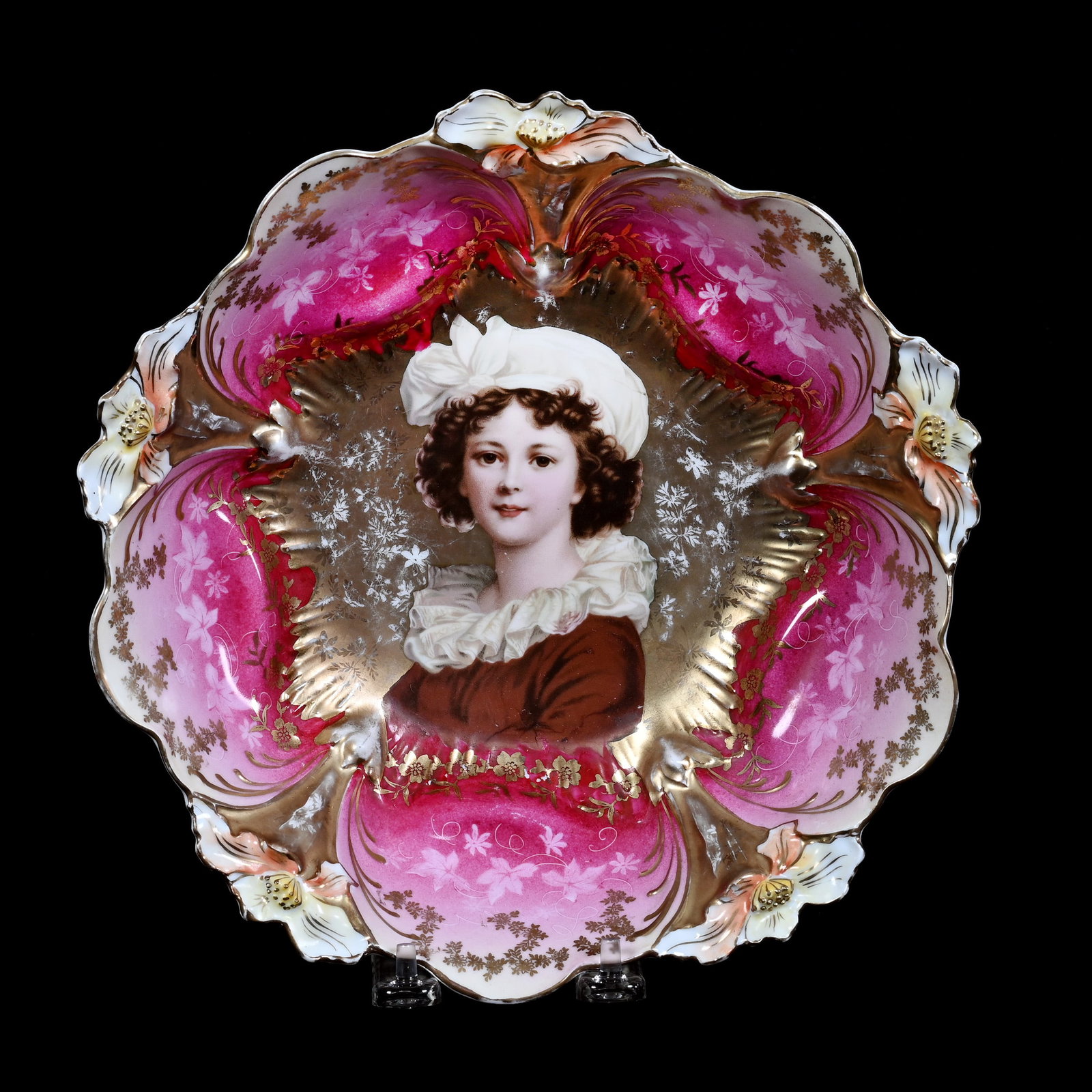 Bowl, Unmarked R.S. Prussia, Lily Mold, Lebrun With Hat Portrait, Gold Ground: Bowl, Unmarked R.S. Prussia, Lily Mold, Lebrun With Hat Portrait, Gold Ground, 10", Pink And Cream Border, Some Light Gold Wear, Neal and Barbara Smith Private Collection, Alabama.