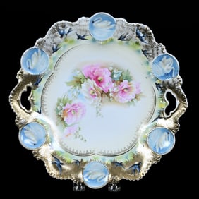 Cake Plate, Unmarked R.S. Prussia, Medallion Mold, White Satin Center, Floral Decor