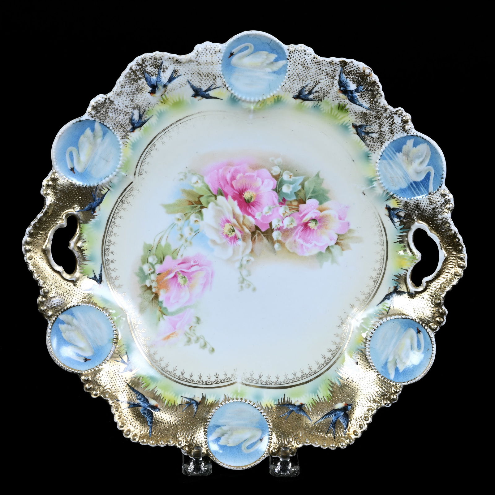 Cake Plate, Unmarked R.S. Prussia, Medallion Mold, White Satin Center, Floral Decor (1 of 2)