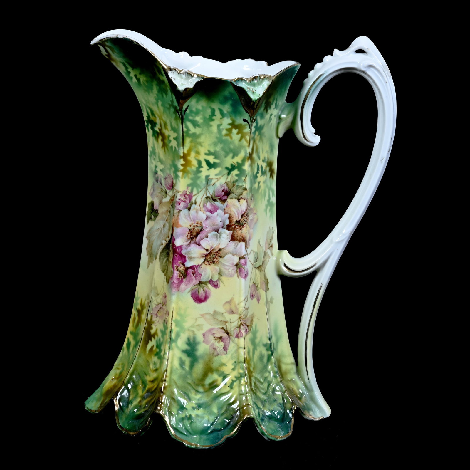 Tankard Marked R.S. Prussia, Green and Yellow Tones, Wild Floral Decor: Tankard Marked R.S. Prussia, Green and Yellow Tones, Wild Floral Decor, 11.5" x 8.75", Neal and Barbara Smith Private Collection, Alabama.