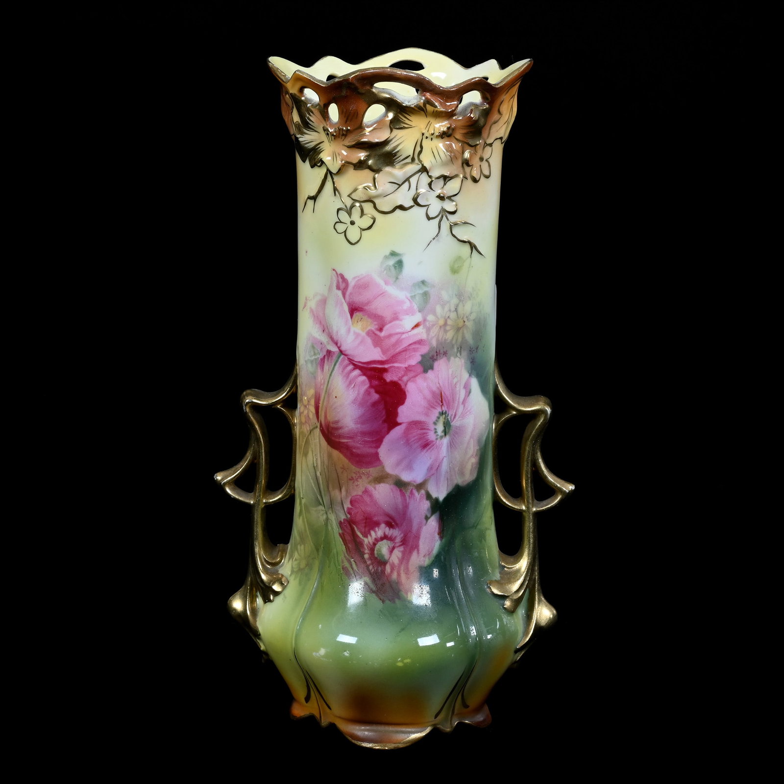 Vase, Two Handles, Marked R.S. Prussia, Green, Yellow and Brown Tones: Vase, Two Handles, Marked R.S. Prussia, Green, Yellow and Brown Tones, 9" x 4.75", Pink Poppy Decor, Rim Repair, Neal and Barbara Smith Private Collection, Alabama.