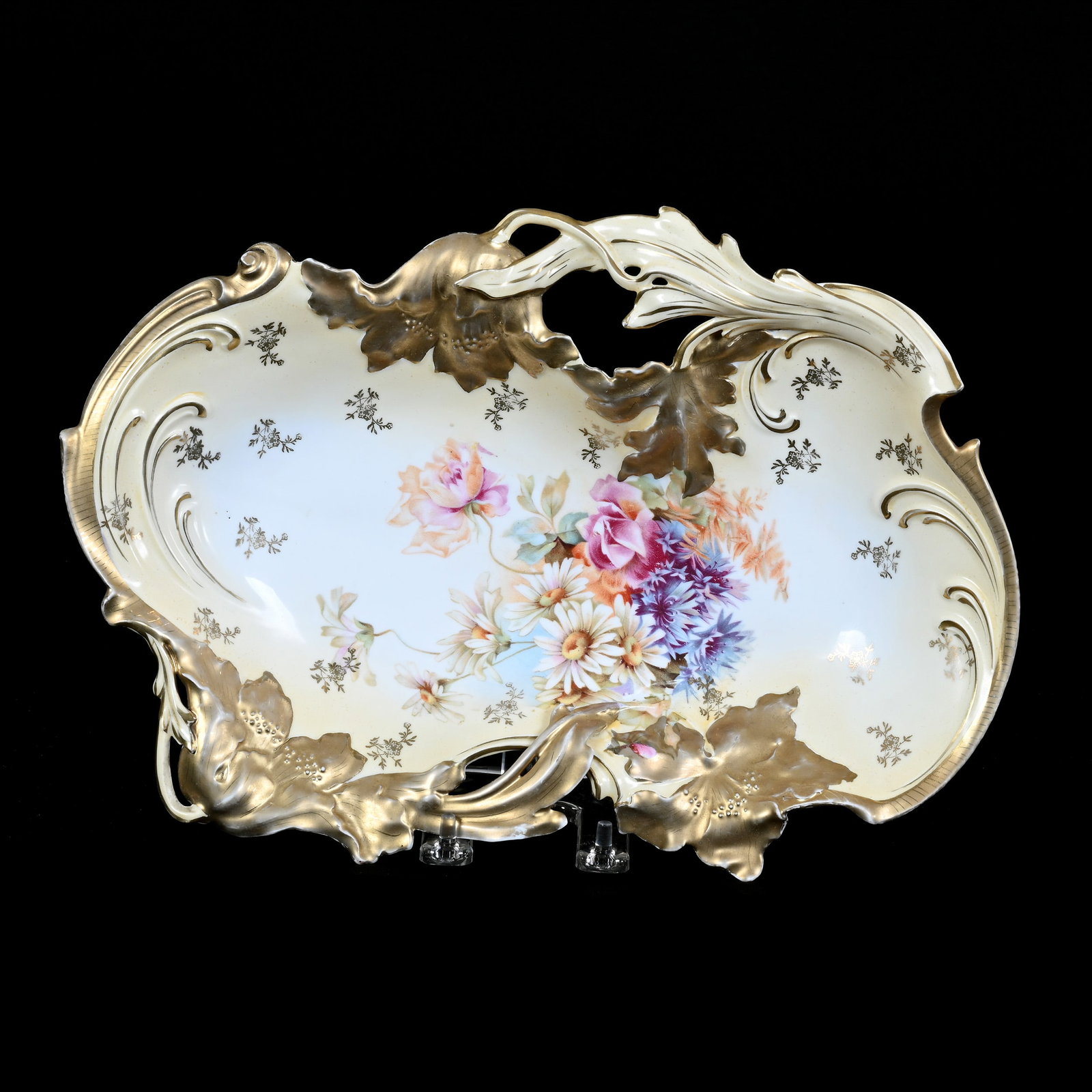 Bread Tray, Unmarked R.S. Prussia, Poppy Mold, Cream and White Tones: Bread Tray, Unmarked R.S. Prussia, Poppy Mold, Cream and White Tones, 13.75" x 9.5", Wild Floral Decor, Heavy Gold Trim, Neal and Barbara Smith Private Collection, Alabama.