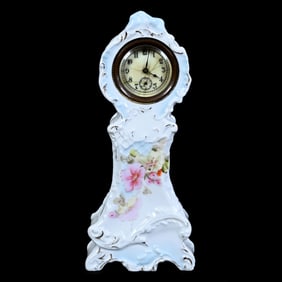 Desk Clock, Tall Case, Unmarked Prussia Style, Blue and White Tones, Floral Decor