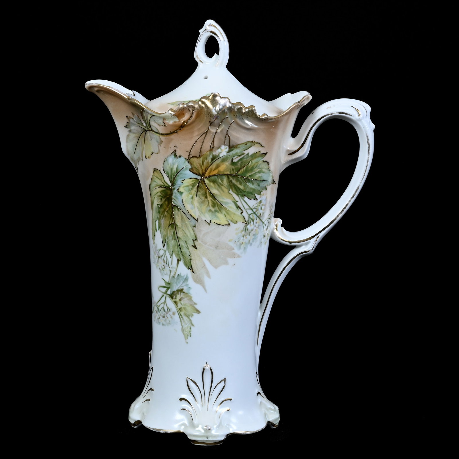 Chocolate Pot Marked R.S. Prussia, Light Brown and White Satin Finish, Floral Decor: Chocolate Pot Marked R.S. Prussia, Light Brown and White Satin Finish, Floral Decor, 10.75" x 7.75", Nice Example, Neal and Barbara Smith Private Collection, Alabama.