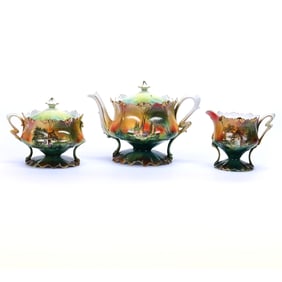 Tea Set, Three Piece, Unmarked R.S. Prussia, Castle, Cottage and Mill Scenic Decors