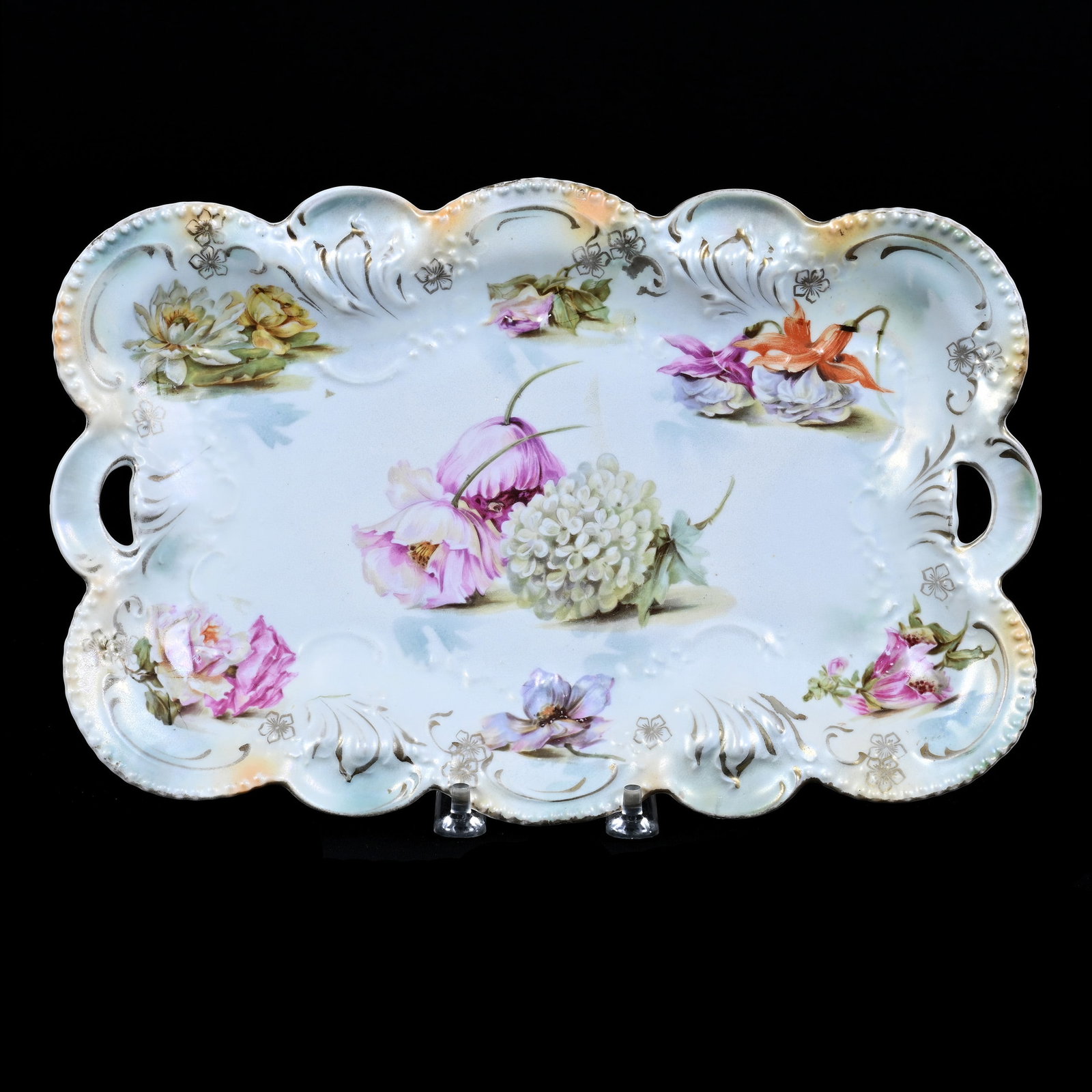Dresser Tray Marked R.S. Prussia, White, Blue and Peach Satin Finish: Dresser Tray Marked R.S. Prussia, White, Blue and Peach Satin Finish, 11.5" x 7.5", Snowball And Floral Decor, Neal and Barbara Smith Private Collection, Alabama.